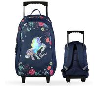 Cartable à roulettes primaire fille - Bagtrotter - Modèle Cybel - Licorne - Design fleuri multicolore - Bleu marine