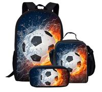 Cartable Ensemble 3 pièces Grande capacité Bretelles réglables Fermeture éclair bidirectionnelle Motif football Polyvalent Sac à
