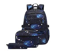 Cartables Scolaires Garçon, Ensemble de 3 Sacs à Dos + Boîte à Lunch Thermique + Trousse à Crayons, Sac a Dos Enfant Garçon, CM2 CM1 CE2 CE1 CP Sacs Scolaires, Sac à Dos Ciel Étoilé Bleu