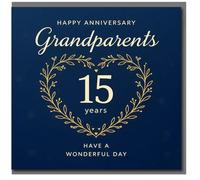Carte 15e anniversaire de grand-parents - Bleu marine élégant avec couronne dorée en forme de cœur, « Happy Anniversary Grandparents », Have a Wonderful Day