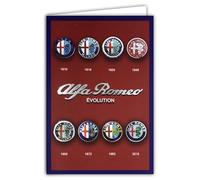 Carte ALFA ROMEO ÉVOLUTION du LOGO Depuis 1910 Licence Officielle Écussons Voitures Argentés Brillants - Carte Ouverte Blanche 23x17cm - Avec Enveloppe Blanche 12x17,5cm -Anniversaire Départ Retraite