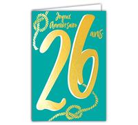 Carte Anniversaire 26 ans en Or Doré Brillant en Relief Texturé pour Homme Femme - Texte Coloré Adapté à l’Âge à l’Intérieur - Enveloppe incluse - Fabriqué en France, Bleu et Or Doré - Afie 69-2426