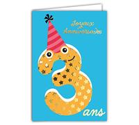 Carte Anniversaire 3 ans pour Enfant Garçon Fille - Texte Coloré Adapté à l’Âge à l’Intérieur - Enveloppe incluse - Collection ColorAges Bleu/Orange/Rose/Or Doré - Afie 69-2403