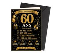 Carte Anniversaire 60 Ans Noir et Or avec Enveloppe, Format 26 X 18 Cm