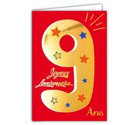 Carte Anniversaire 9 ans en Or Doré Brillant en Relief Texturé pour Enfant Garçon Fille - Coloré Adapté à l’Âge à l’Intérieur - Enveloppe incluse - Fabriquée en France - ColorAges - Afie 69-2409