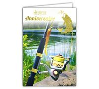 Carte ANNIVERSAIRE en Or Doré Brillant pour Pêcheur à la ligne Mouche Canne Moulinet Appâts Poissons Eau Douce Nature Livrée avec Enveloppe Format 12x17,5cm Papier PEFC Fabriqué en France 65-1210