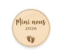 Carte annonce grossesse en bois "Mini nous 2026". - Pancarte ronde bébé - Annonce bébé originale
