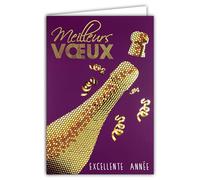 Carte Bonne Année Meilleurs Vœux en Or Doré Brillant Scintillant avec Enveloppe Blanche Format 12x17,5cm - Bouteille Champagne Pétillant Bulles de Bonheur Nouvel An - Fabriqué en France