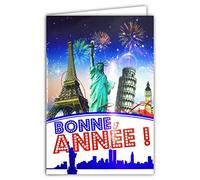 Carte Bonne Année Meilleurs Vœux Feu d'Artifice avec Paillettes et Enveloppe Blanche Voyages autour du Monde Monuments Villes Paris New-York Londres Pise Nouvel An Festif 1er janvier AFIE 61-4037-A BA