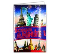 Carte Bonne Année Meilleurs Vœux Feu d'Artifice avec Paillettes et Enveloppe Blanche Voyages autour du Monde Monuments Villes Paris New-York Londres Pise Nouvel An Festif 1er janvier AFIE 61-4037-B BA