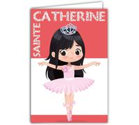 Carte Bonne Fête De Sainte Catherine Avec Enveloppe 25 Novembre Petite Fille Sage Brune Danseuse Danse Classique Tutu Ballerines Couronne Princesse Rose