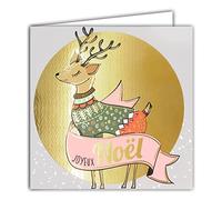 Carte Carrée en Or Doré Brillant Joyeux Noël avec Enveloppe Blanche Renne Fille Femme Fêtes de Fin d'année 23027