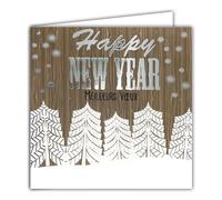 Carte Carrée Happy New Year Meilleurs Vœux Argenté Brillant avec Enveloppe Blanche 15x15cm - Sapins de Noël Bois Flocons de Neige Hiver - Fabriqué en France