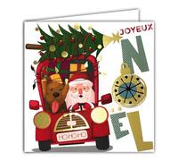 Carte Carrée Joyeux Père Noël en Or Doré Brillant avec Enveloppe Blanche 15x15cm - Voiture Auto Chien Livraison Sapin Boules Guirlande Cadeaux 25 décembre Fêtes Fin d'Année Hiver - Fabriqué en France