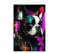 Carte Chien Bulldog Français Fond Rose Fuchsia Brillant - Avec Enveloppe Blanche Format 12x17,5cm - Carte ouverte intérieur blanc 23x17cm - Création Française Fabriqué en France - Pour Anniversaire