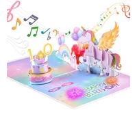 Carte d’anniversaire musicale Licorne 3D Pop Up avec LED et gâteau à bougies soufflables, avec enveloppe et étiquette, carte de vœux Joyeux Anniversaire pour femmes, mamans, filles, enfants et amis