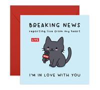 Carte d'amour avec chat mignon - « Breaking News : I'm in Love with You » - Carte romantique amusante pour lui, elle, épouse, mari, fiancé, petite amie, petit ami, femme, homme - Journaliste