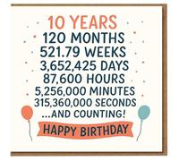 Carte d'anniversaire 10 ans - Motif jalons du temps amusant - Stats de 10 ans avec ballons - Joyeux anniversaire pour enfants, garçons, filles, amis, famille