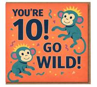 Carte d'anniversaire 10 ans pour enfants - You're 10 Go Wild - Singes mignons et confettis - Carte d'anniversaire pour enfants