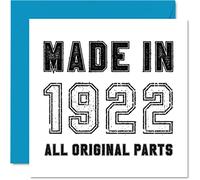 Carte d'anniversaire 101e anniversaire pour homme et femme Fabriquée en 1922 Toutes les pièces originales - Carte d'anniversaire amusante pour un grand-père, grand-père, grand-mère, grand-mère, 145 mm x 145 mm