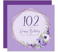 Carte d'anniversaire 102 ans pour homme et femme - Belle carte d'anniversaire florale pour femme de 102 ans pour grand-mère, grand-mère, maman, tante, grand-mère, amie, sœur, nounou