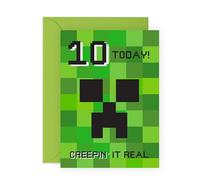 Carte d'anniversaire 10e anniversaire inspirée de Minecraft - « Creeping It Real 10 » - Cadeau pour enfants, garçons, fils, neveu, nièce, filles, petits-enfants, voisins et lui - Dix ans - Livré avec