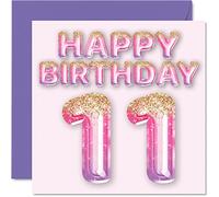 Carte d'anniversaire 11 ans pour filles - Ballons à paillettes roses et violettes - Cartes d'anniversaire pour fille, sœur, petite-fille, cousine, 145 mm x 145 mm