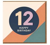 Carte d'anniversaire 12 ans - Motif géométrique moderne avec cercle bleu marine, rayures pastel 1 et pois 2 - « 12 Happy Birthday » - Unisexe