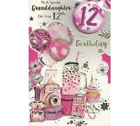 Carte d'anniversaire 12 ans pour petite-fille avec badge - Design spécial à paillettes avec ballons, cupcakes et cadeaux - Carte d'anniversaire pour filles