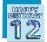 Carte d'anniversaire 12e anniversaire pour garçons - Ballon de fête bleu à paillettes - Cartes d'anniversaire pour garçon de 12 ans, petit-fils, frère, neveu, 145 mm x 145 mm, cartes de vœux pour