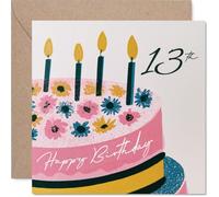 Carte d'anniversaire 13 ans - Brighten Their Big Day - Gâteau rose illustré coloré avec fleurs et bougies - Carré de 145 mm, enveloppe incluse