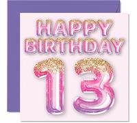 Stuff4 Carte d'anniversaire 13 ans pour filles - Ballons à paillettes roses et violettes - Cartes d'anniversaire pour fille de 13 ans, sœur, petite-fille, cousine, 145 mm x 145 mm