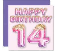 Carte d'anniversaire 14 ans pour filles - Ballons à paillettes roses et violettes - Cartes d'anniversaire pour fille de 14 ans, sœur, petite-fille, cousine, 145 mm x 145 mm