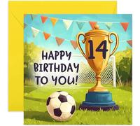 Carte d'anniversaire 14 ans pour garçon ou fille - Carte d'anniversaire de football pour adolescent de 14 ans - Trophée gagnants de la coupe de l'équipe de football - Cartes d'anniversaire Footy pour