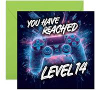 Carte d'anniversaire 14 ans pour joueur, cadeau « You've Reached Level 14 », motif graphique fluo, pour adolescents, garçons et filles, pour joueurs, petit-fils, fille, petite-fille, intérieur vierge