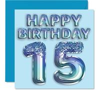Carte d'anniversaire 15e anniversaire pour garçons - Ballon de fête bleu à paillettes - Cartes d'anniversaire pour garçon de 15 ans, petit-fils, frère, neveu, 145 mm x 145 mm, cartes de vœux pour