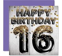 Carte d'anniversaire 16 ans pour garçon - Ballons noirs et dorés à paillettes - Cartes d'anniversaire pour garçon de 16 ans fils frère petit-fils cousin 145mm cartes de vœux pour seize ans