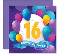 Carte d'anniversaire 16 ans pour garçons et filles - Fête en ballon - Cartes d'anniversaire pour adolescents de 16 ans, garçon, fille, frère, sœur, fils, fille, petit-fils, petite-fille, 145 mm x 145