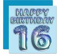 Carte d'anniversaire 16e anniversaire pour garçons - Ballon de fête bleu à paillettes - Cartes d'anniversaire pour garçon de 16 ans, petit-fils, frère, neveu, 145 mm x 145 mm, cartes de vœux pour