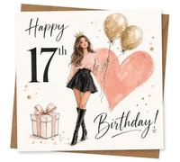 Carte d'anniversaire 17 ans pour elle avec illustration tendance, ballons et cadeau