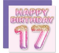 Carte d'anniversaire 17 ans pour filles - Ballons à paillettes roses et violettes - Cartes d'anniversaire pour fille, sœur, petite-fille, cousine, 145 mm x 145 mm