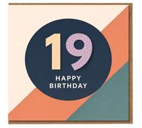 Carte d'anniversaire 19 ans - Motif géométrique audacieux avec grand texte 19 ans et inscription « Happy Birthday » - Carte moderne unisexe pour 19 ans