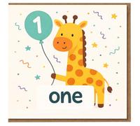 Carte d'anniversaire 1er anniversaire - Motif girafe mignonne avec ballon chiffre 1 et confettis - Carte de premier anniversaire pour garçons ou filles
