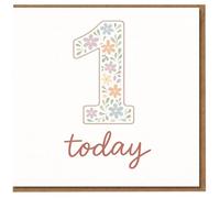 Carte d'anniversaire 1er anniversaire - Numéro 1 floral « One Today », motif fleurs pastel pour bébé ou enfant