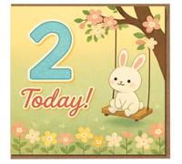 Carte d'anniversaire 2 ans - « 2 Today! » Lapin mignon sur balançoire avec fleurs et fleurs - Carte de 2 ans pour enfant - Unisexe pour garçon ou fille