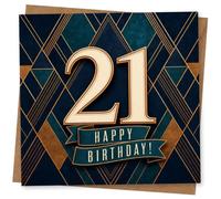 Carte d'anniversaire 21 ans pour elle, numéro 21 et message bleu marine | Style Art déco géométrique bleu marine et or, avec un grand message « 21 » et « Happy Birthday » pour son 21e anniversaire.