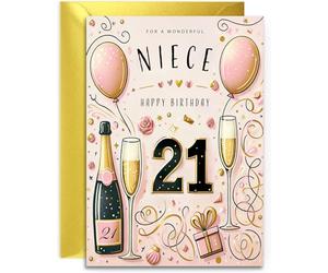 Carte d'anniversaire 21 ans pour nièce - Motif champagne et ballons - Élégante carte d'anniversaire pour elle de 21 ans avec joli poème à l'intérieur - Avec enveloppe dorée - Format A5