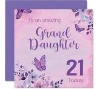 Carte d'anniversaire 21 ans pour petite-fille - Papillons et fleurs pour un 21e anniversaire étincelant - Motif violet et rose vif - Carré de 145 mm, enveloppe incluse
