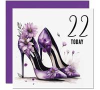 Carte d'anniversaire 22 ans pour femme - Motif fleurs et talons violets - Carte d'anniversaire élégante pour fille, fille, amie, petite-fille, sœur, vingt-deux, vingt-deuxième nièce, cousine