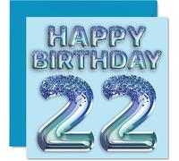 Carte d'anniversaire 22e anniversaire pour homme - Ballon de fête bleu à paillettes - Cartes d'anniversaire pour homme de 22 ans, frère, fils, neveu, oncle, 145 mm x 145 mm